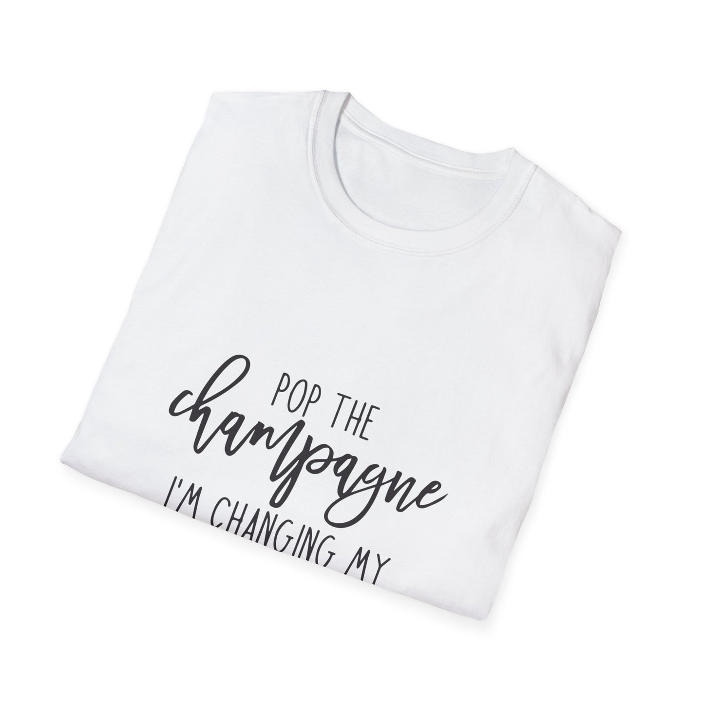 Pop the Champagne T-Shirt, Bridal Shower Gift, Wedding Celebration Tee, Last Name Change Shirt, Unisex Softstyle Tee