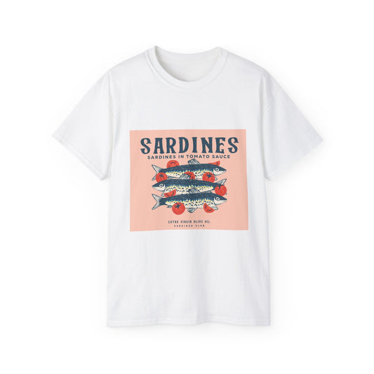 Vintage Sardines Graphic Tee, Unisex Cotton Shirt, Quirky Foodie Gift, Summer Apparel, Casual Wear, Retro Fashion